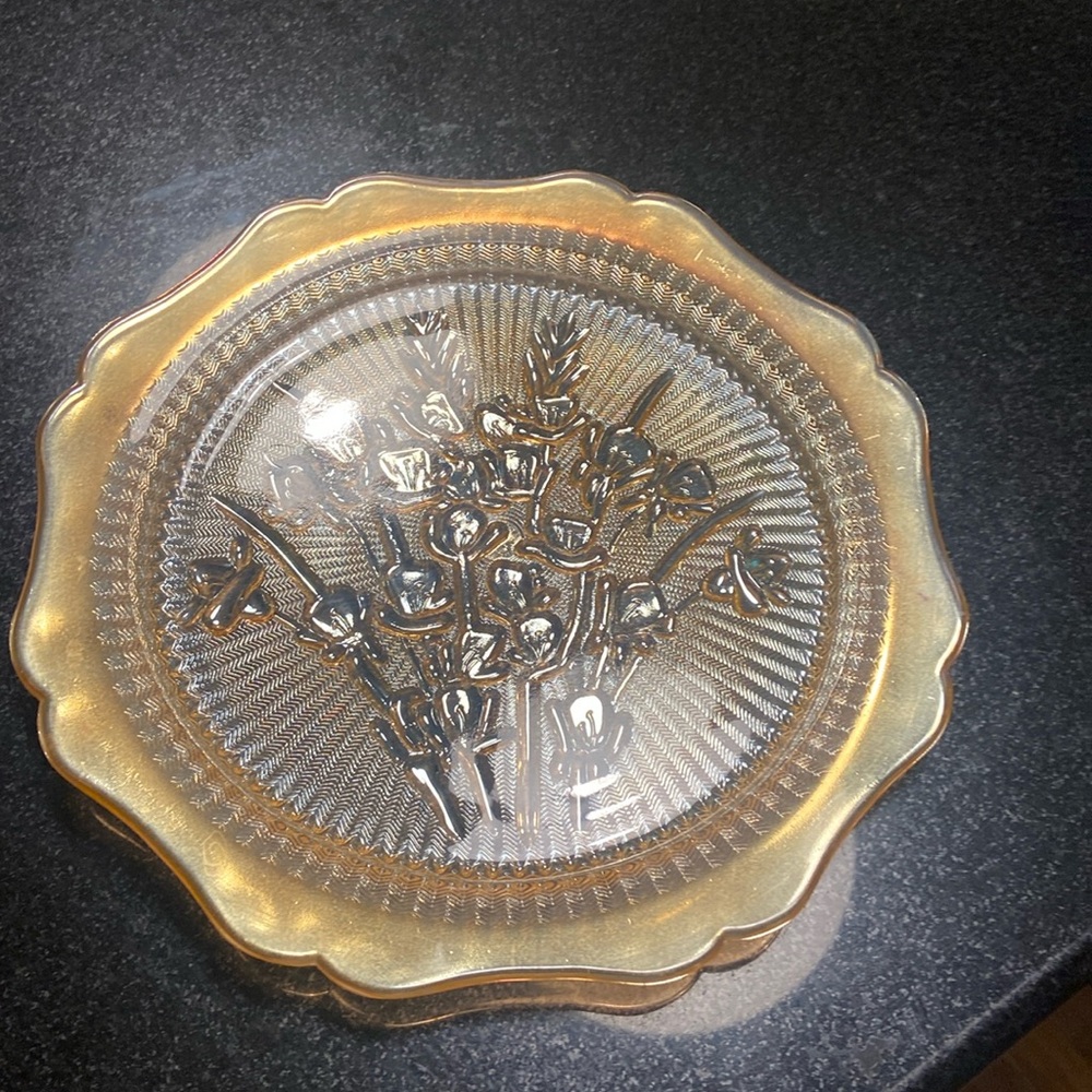 Glass marigold Iris pattern small plate 9” antique amber color